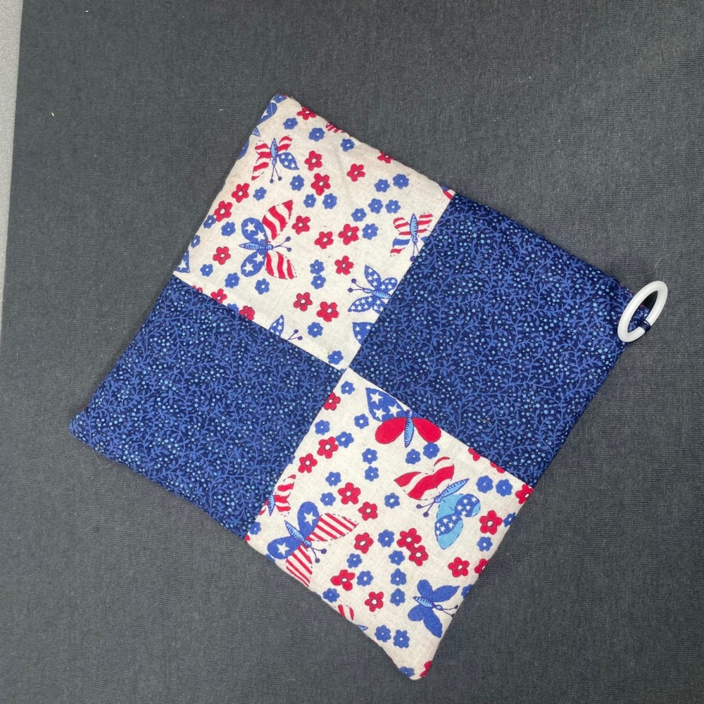 Handmade Americana Pot Holder Cotton Quilted Butterfly Patriotic 7.5in Folk Art